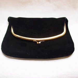 vtg HL Harry Levine Black Velvet Clutch Handbag Gold Kiss Lock w/ Coin Purse EUC